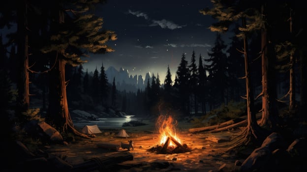 A bright campfire burns in the middle of a forest clearing at night, casting a warm glow on two tents and the surrounding trees. photo