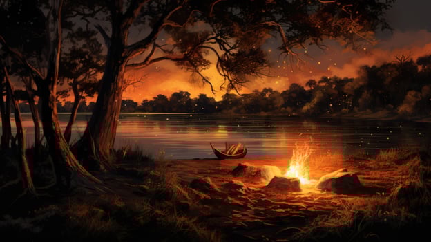A camp fire on the lakeshore with a burning sunset and a wooden boat. photo