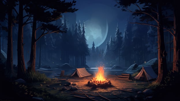 A campfire glows brightly between two tents in a dark forest lit by the moon. photo