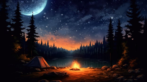 A campfire glows brightly in the forest under a starry sky and a large moon. photo