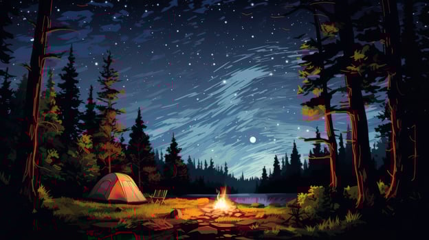 A campfire glows in the forest under a star filled night sky with a tent pitched nearby. photo