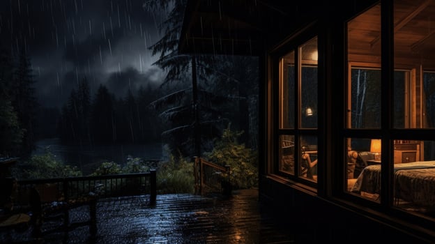 A cozy cabin with a warm interior glows in the darkness as rain falls heavily outside. photo