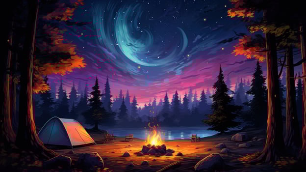 A cozy campsite with a tent, campfire, and two chairs by a lake, under a starry night sky with a blue and pink aurora. photo