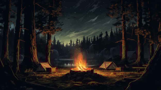A crackling campfire illuminates the forest at night, with two tents and a wooden bench adding to the campsite's cozy ambiance. photo