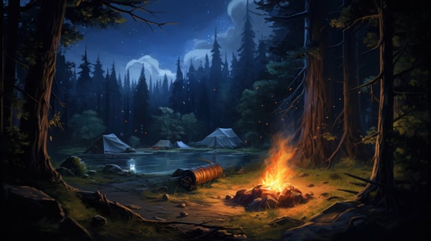 A crackling campfire illuminates the forest floor at night, casting an ethereal glow on the surrounding trees and tents. photo