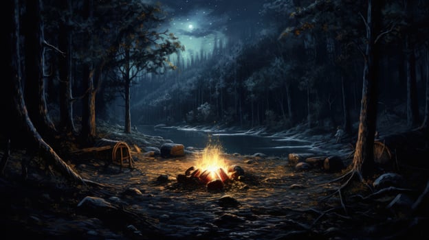 A crackling campfire illuminates the forest floor as moonlight peeks through the trees and reflects on a nearby river. photo
