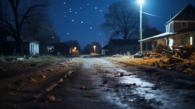 A dirt road leading into a small town at night with streetlights and a starry sky. photo