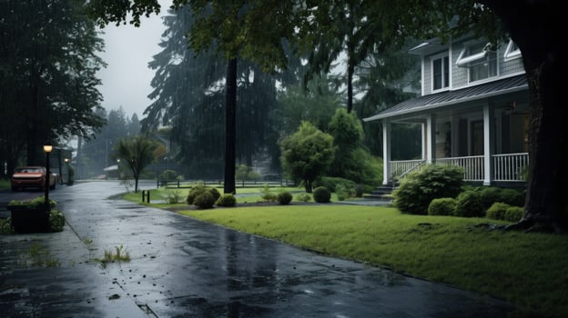 A house with a porch sits on a street with a red car and a street lamp, all in the midst of a heavy downpour. photo