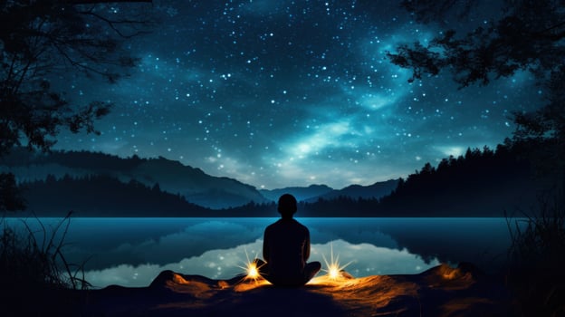 A lone figure sits in meditation on a lakeshore under a vibrant star-filled sky. photo