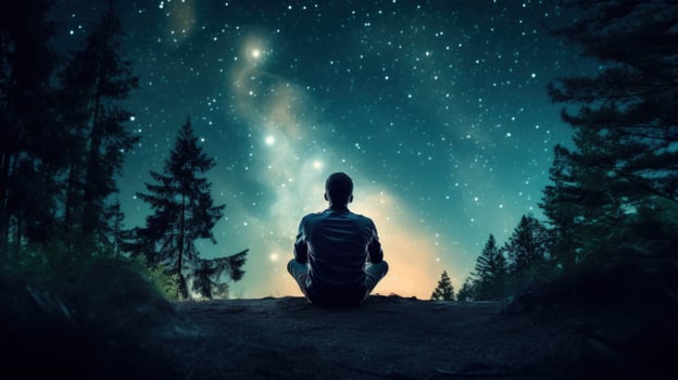 A lone man sits in a forest, gazing up at the night sky filled with stars. photo