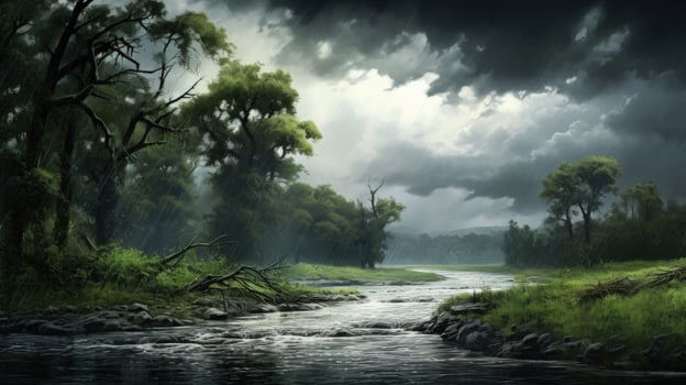 A lush green forest with a river running through it, the sky is cloudy and raining. photo