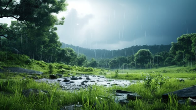 A lush green forest with a stream running through it during a rainy day.  The rain falls heavily from a cloudy sky. photo