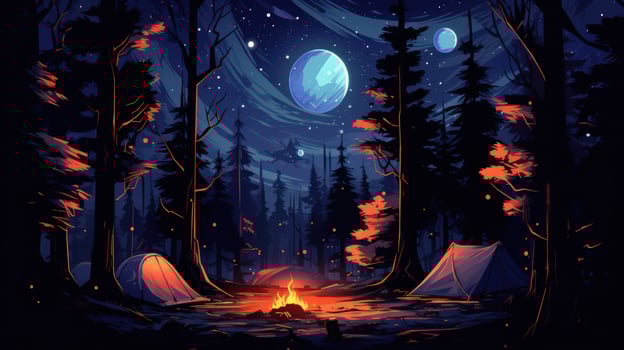 A magical forest campsite under a starry sky with two tents and a roaring fire. photo