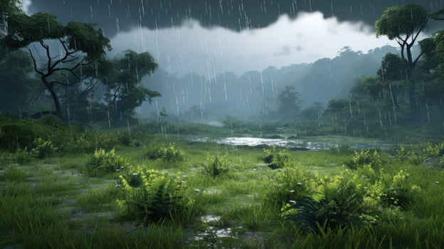 A lush, green jungle scene with a river flowing through it, under a dark, cloudy sky and heavy rain. photo