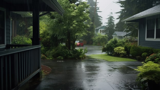 A rainy day on a suburban street with a view of a house and trees. photo