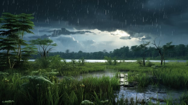 A serene lake scene with lush greenery and rain falling from a cloudy sky. photo
