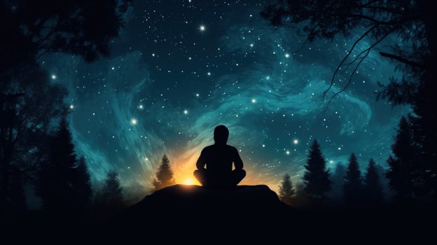 A silhouette of a person sitting on a rock with a starry night sky above. photo