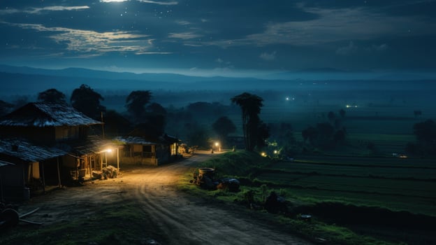 A single house in a field with a moon lit sky. photo