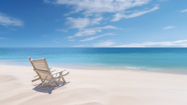 A single white wooden chair sits on a pristine white sandy beach facing a calm turquoise ocean with a blue sky and white clouds. photo