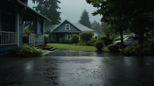 A wet driveway leading to two houses in the rain. photo