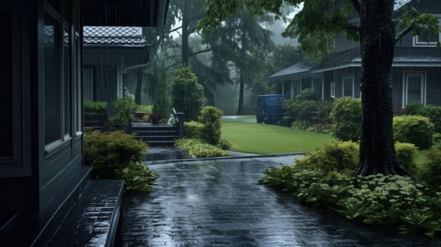 A wet patio under a rain-soaked sky, with lush greenery and a large tree in the foreground. photo