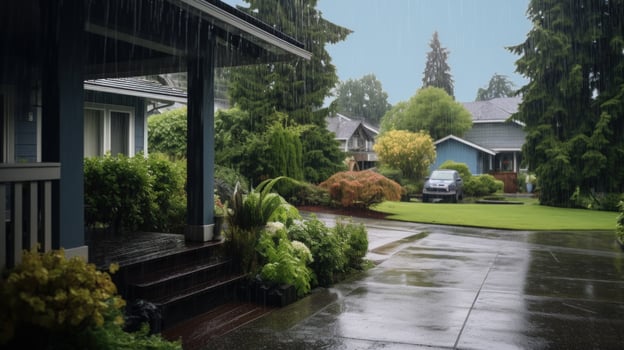 A wet porch and driveway of a home on a rainy day. photo