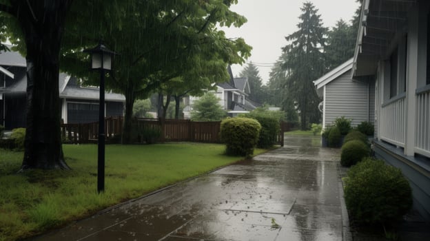 A wet sidewalk in front of a house during a rainy day. photo