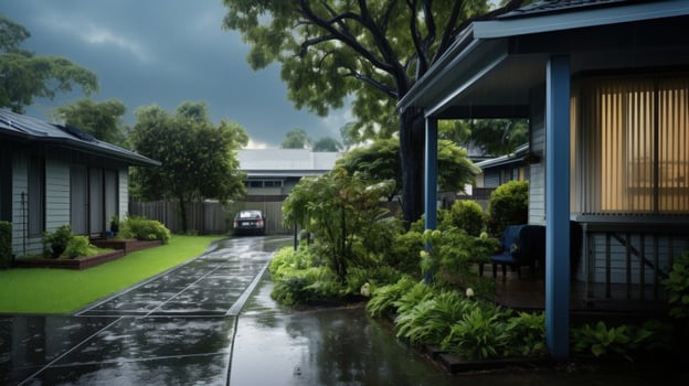 A wet suburban driveway, with houses, and greenery on either side. photo