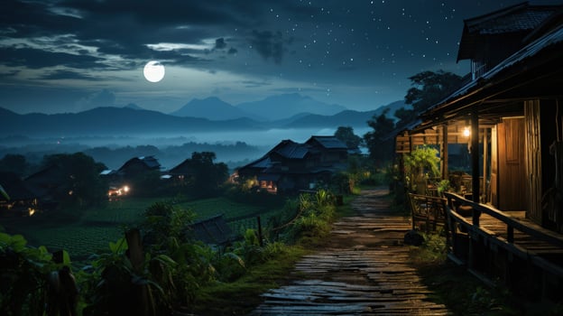 A wooden path lit by moonlight leads through a village nestled in a valley. photo