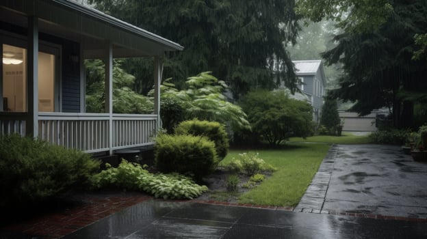 Rain falling on a porch with a brick pathway and green foliage. photo