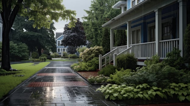 Rainy Day on a Residential Street, a Wet Sidewalk and a House with a Porch in the Background. photo