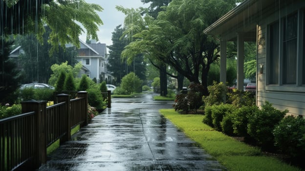 Rainy day view of a sidewalk between two houses with lush green landscaping. photo