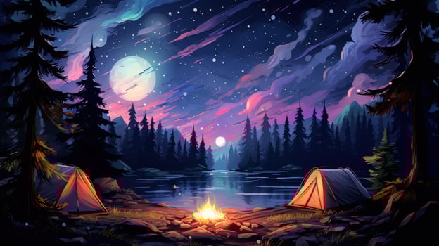 Two tents sit by a campfire with a lake in the background and a starry, moonlit night sky above. photo