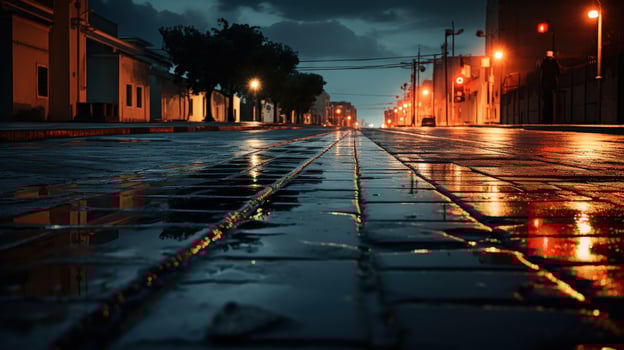 Wet cobblestone street at night reflecting streetlights. photo