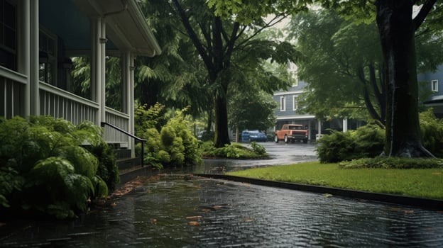 Wet paved driveway with green foliage and house in the background. photo