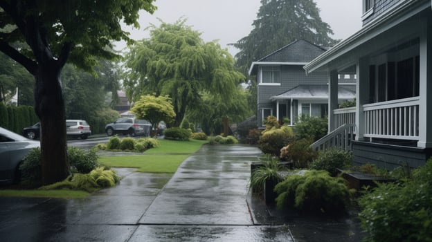 Wet sidewalk and grass in front of a house with a porch during a rainy day. photo