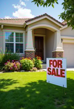 House for sale sign in front yard, selling house concept. photo