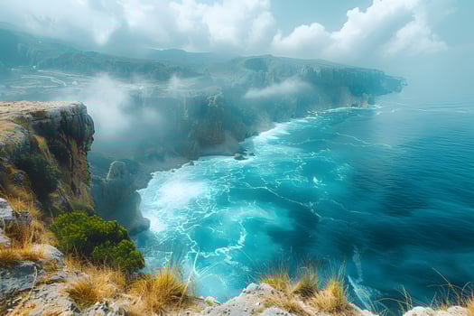 Majestic Coastal Cliffs with Crashing Waves and Misty Weather - Perfect for Nature-Themed Designs and Prints photo