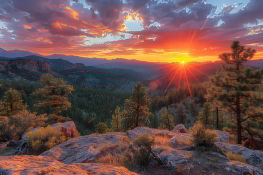 Majestic Rocky Mountains Sunset with Vibrant Sky and Forested Canyon View - Perfect for Nature and Landscape Photography photo