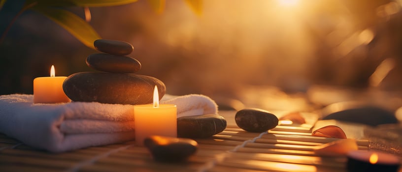 Spa Concept Massage Stones With Towels And Candles In Natural Background photo