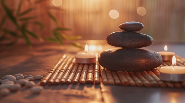 Spa Concept Massage Stones With Towels And Candles photo