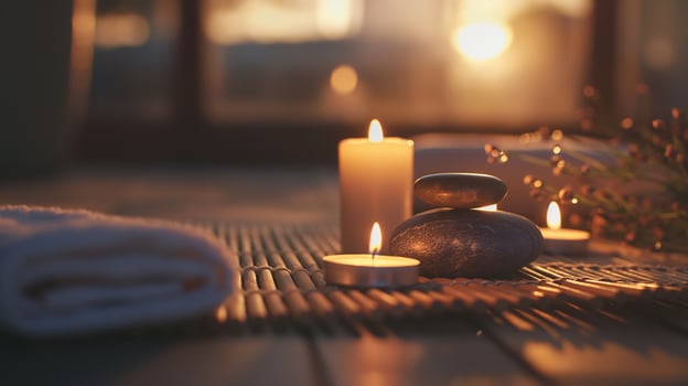 Spa Concept Massage Stones With Towels And Candles photo