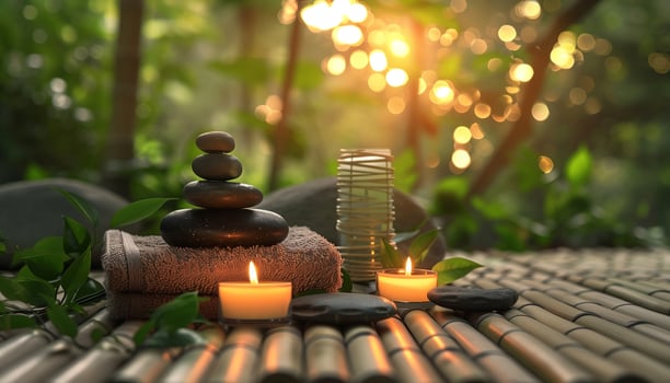 Spa Concept Massage Stones With Towels And Candles In Natural Background photo