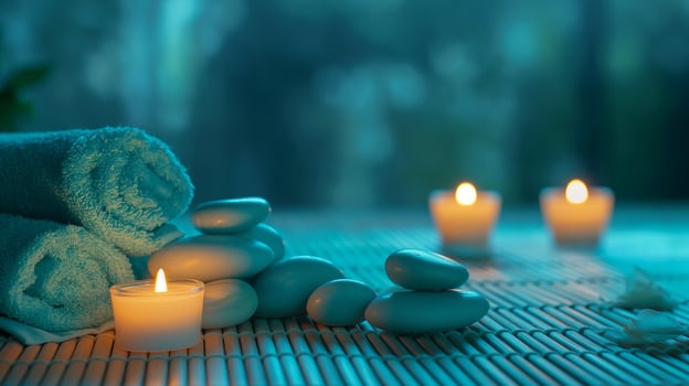 Spa Concept Massage Stones With Towels And Candles In Natural Background photo