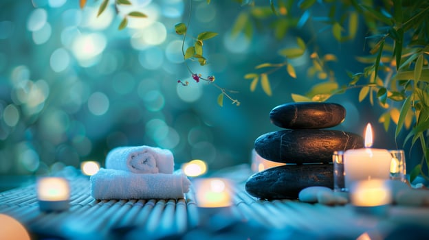 Spa Concept Massage Stones With Towels And Candles In Natural Background photo