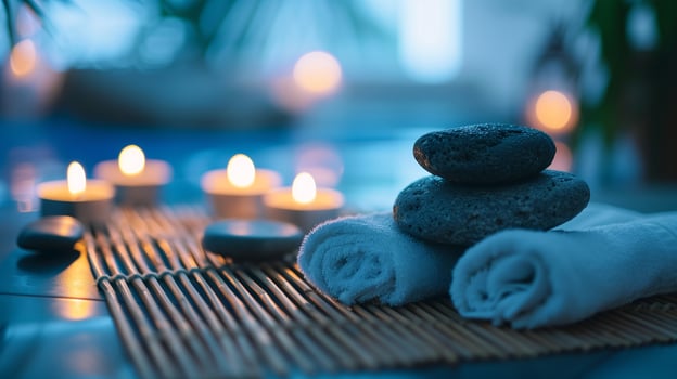 Spa Concept Massage Stones With Towels And Candles photo