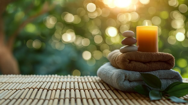 Spa Concept Massage Stones With Towels And Candles photo