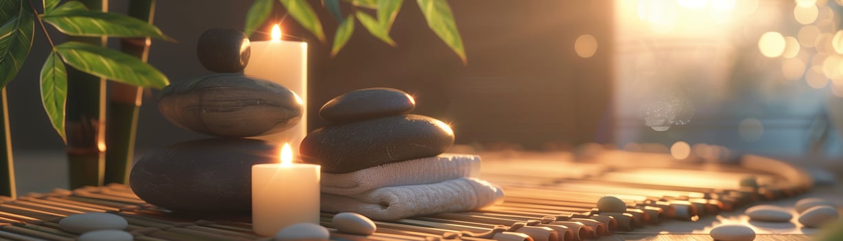 Spa Concept Massage Stones With Towels And Candles In Natural Background photo