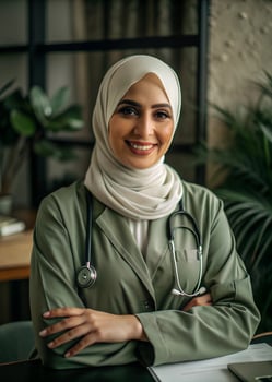 A Beautiful Doctor wearing a tight hijab and standing front of her desk. photo