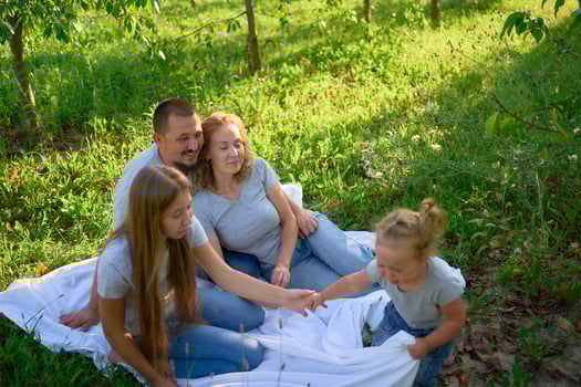 a family of four on a picnic in the park photo